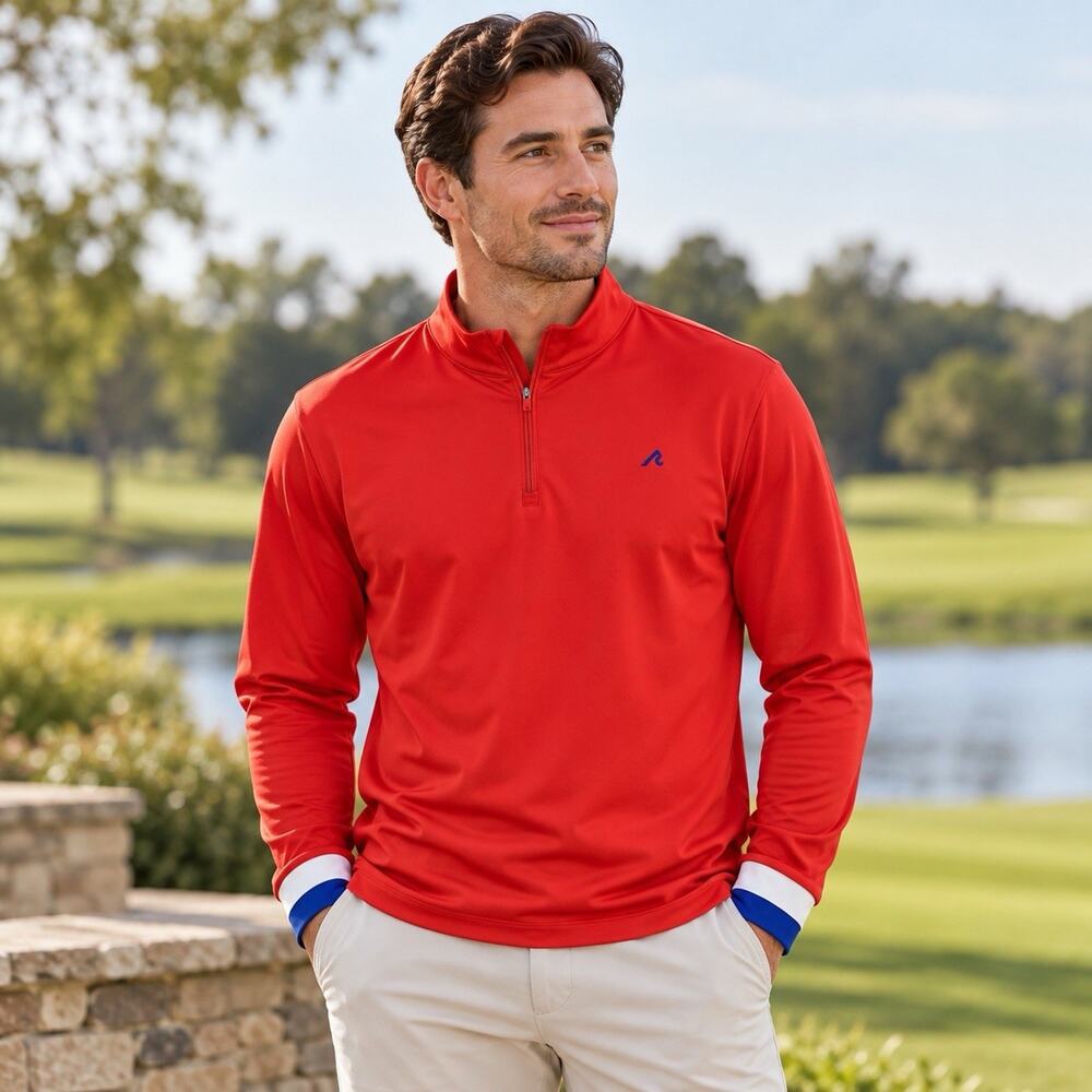 Redvanly Men’s Red Quarter Zip Pullover Medium Golf Performance Stretch 1/4